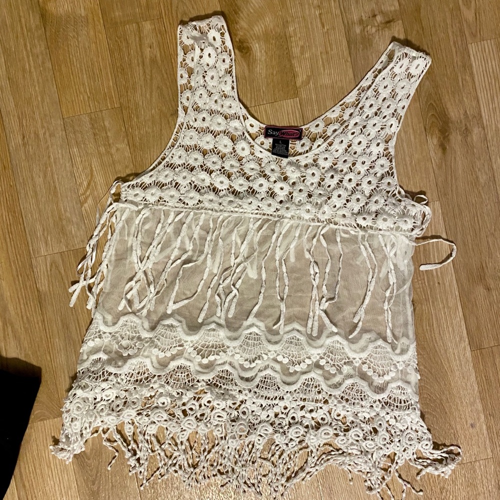 White sheer tank with tassels